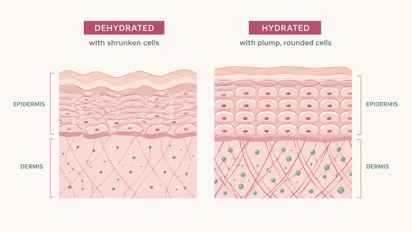 Side-by-side skin cross-section diagram showing a dehydrated skin layer versus a hydrated one plump with moisture