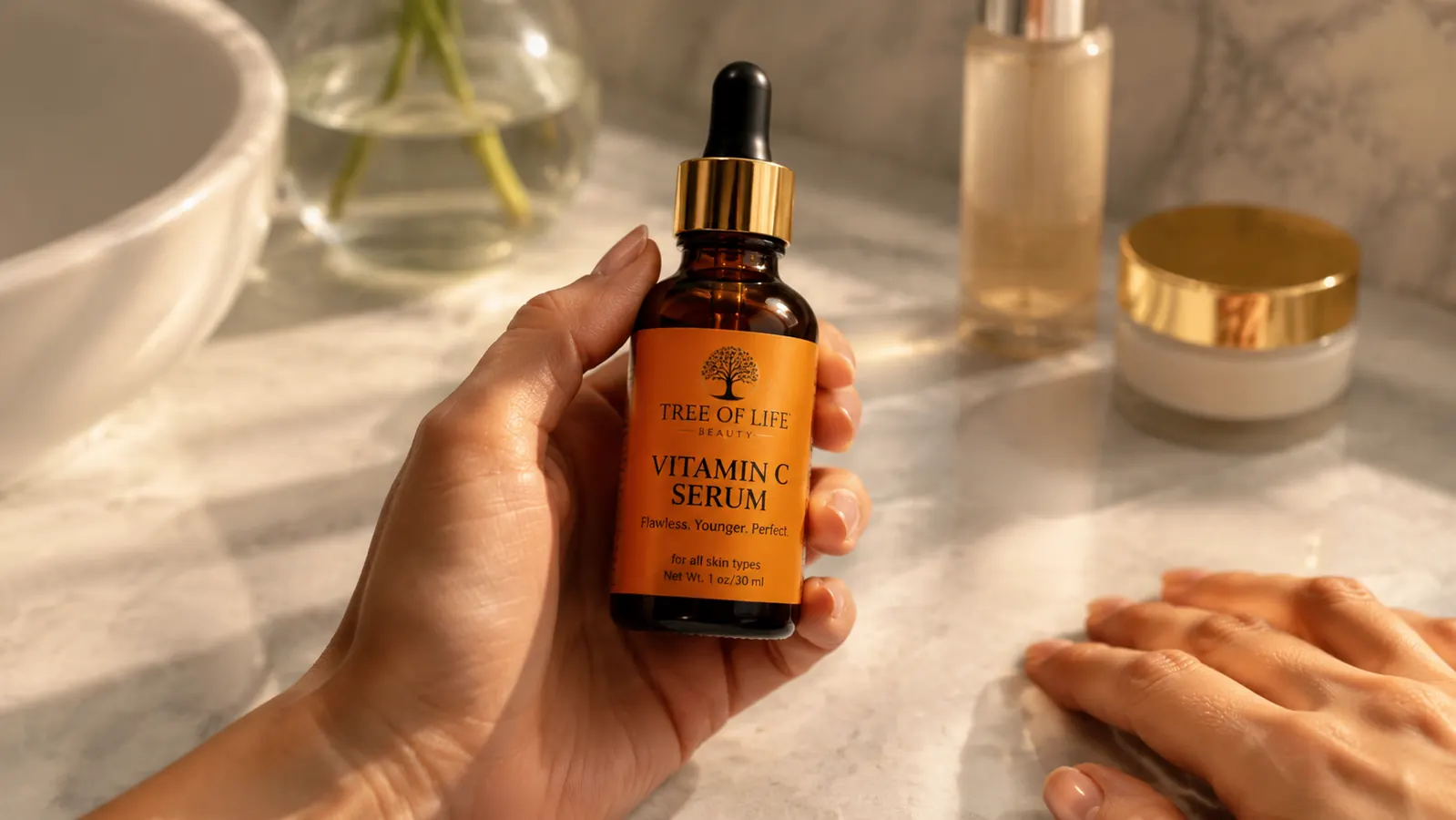 Hand holding the Tree of Life Beauty Vitamin C serum bottle with dropper extended over a white marble surface