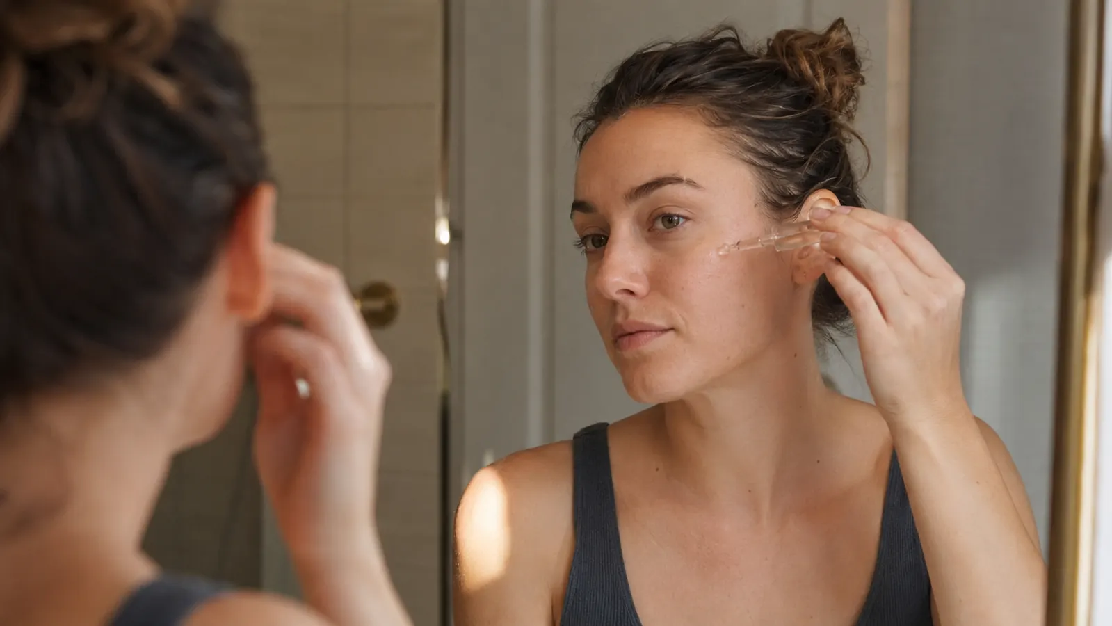 Woman applying a few drops of serum to her cheek while looking in a bathroom mirror, morning skincare routine