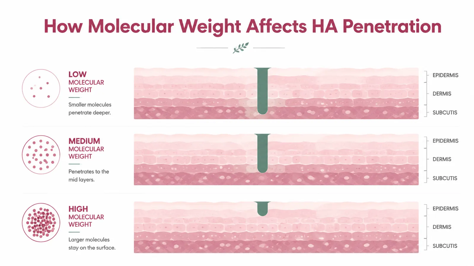 Diagram showing three molecular weight sizes of hyaluronic acid and how deep each one penetrates the skin layers