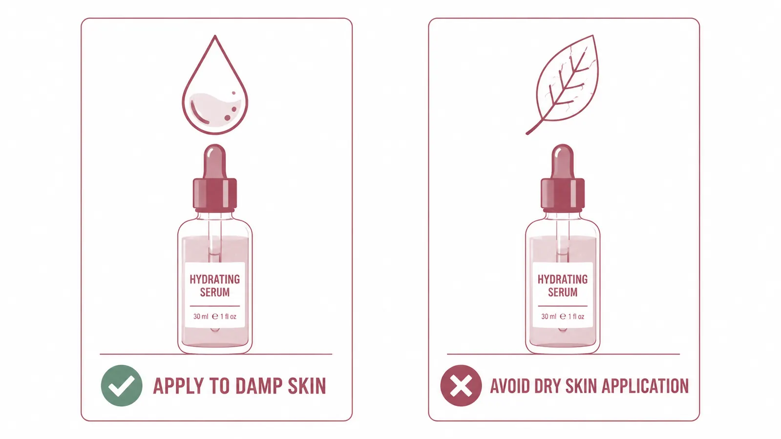 Two side-by-side panels comparing damp skin application with a checkmark versus dry skin application with an x
