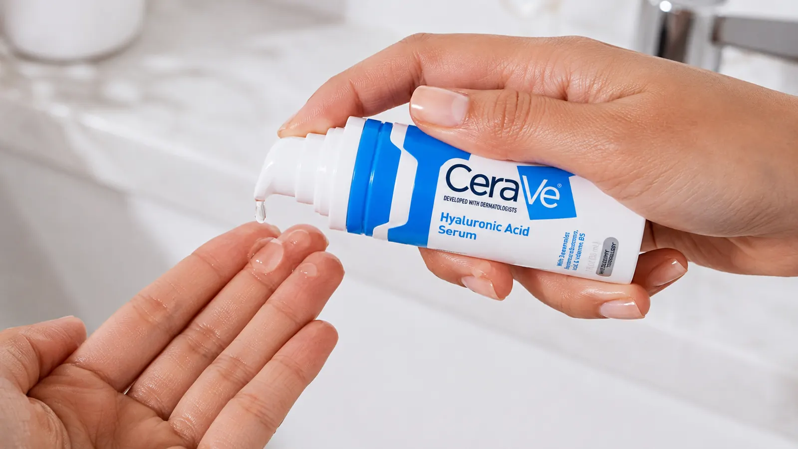 Hand dispensing a few drops of clear serum from a dropper bottle onto damp fingertips before applying
