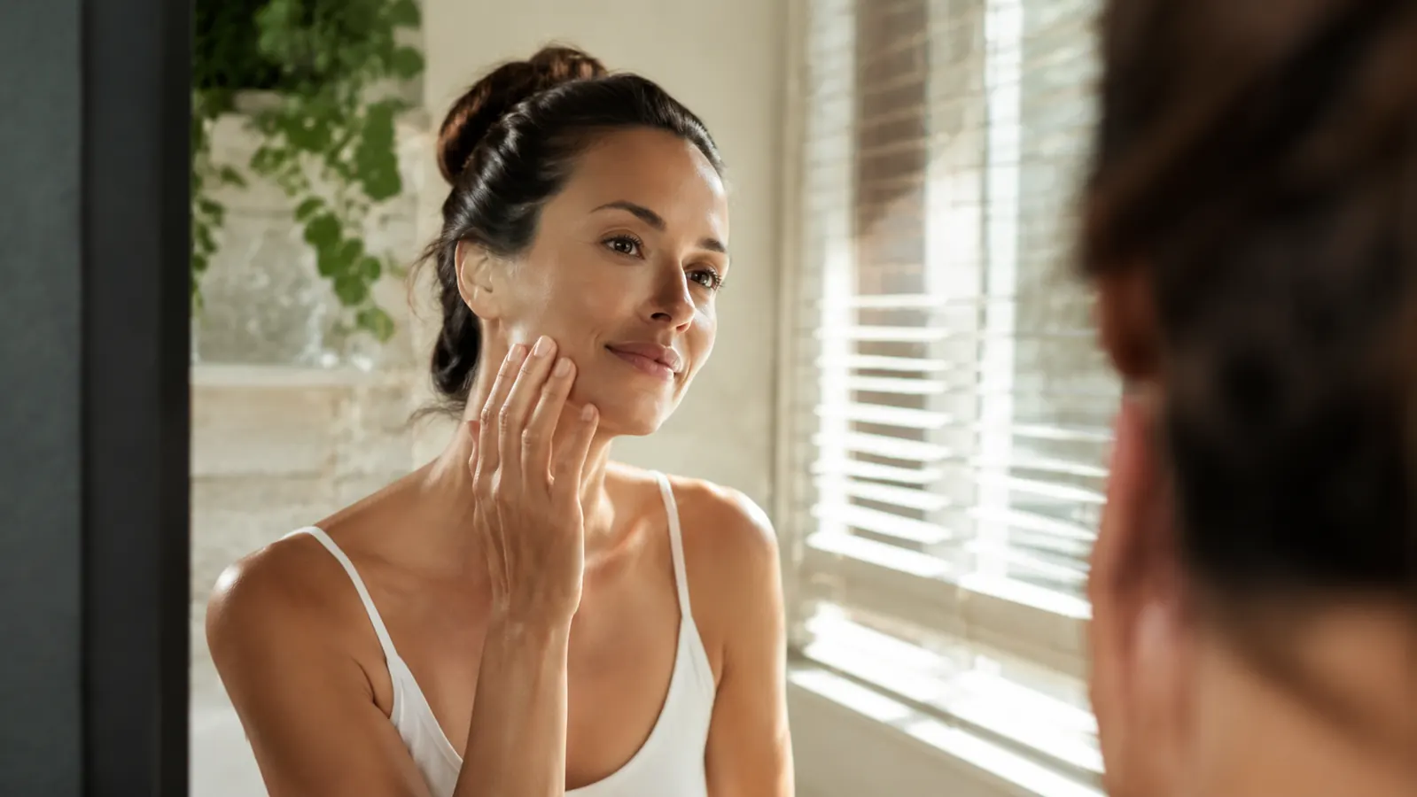 Woman touching her cheek in morning light, looking at a mirror with calm confidence