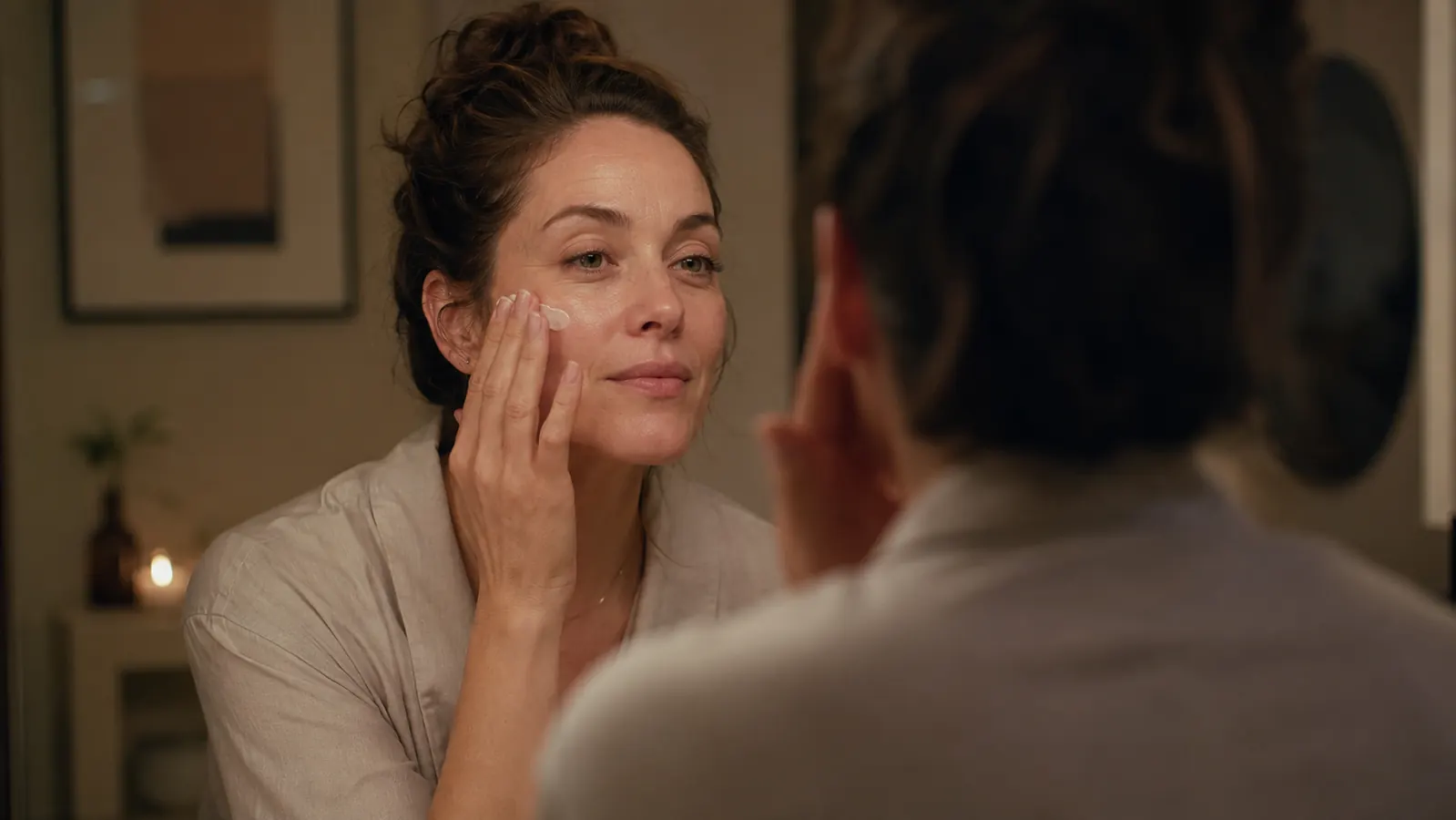 Woman applying night cream to her face at a bathroom mirror with warm dim lighting