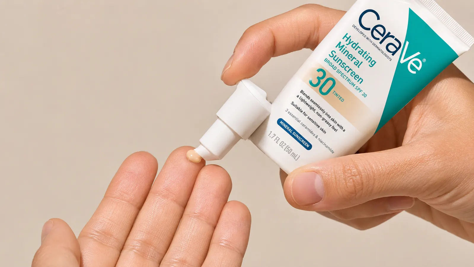 Fingers pressing a small pump of tinted mineral sunscreen onto clean skin, showing the sheer beige color of the product