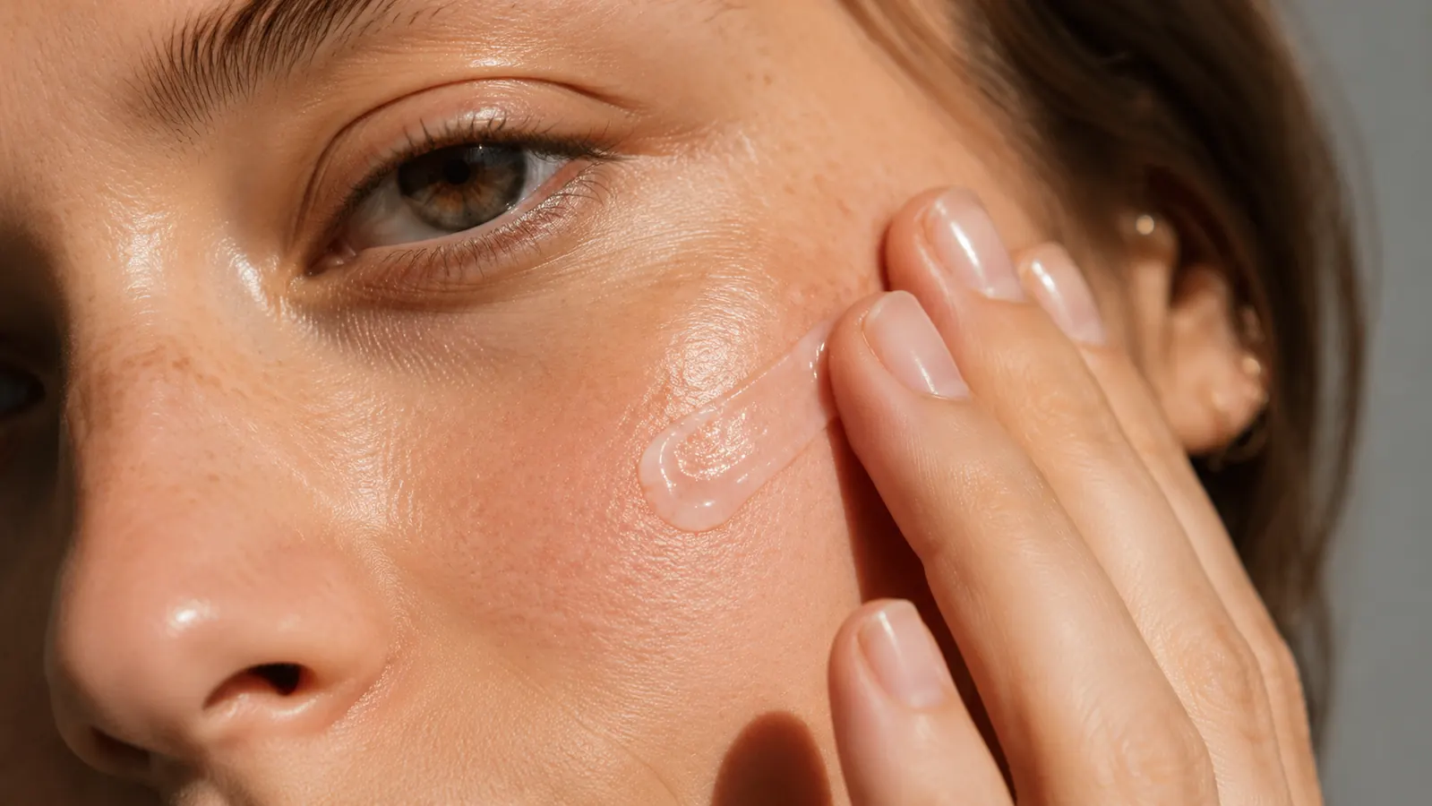 Close-up of fingertips gently patting serum into cheekbone on visibly hydrated skin