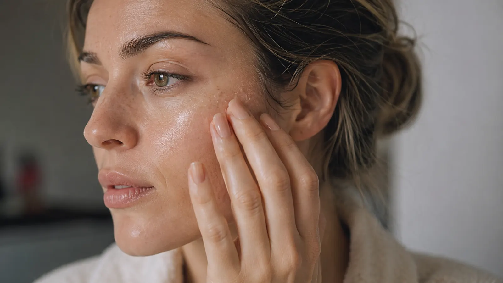 Woman patting sunscreen onto her cheek in a brightening morning skincare routine