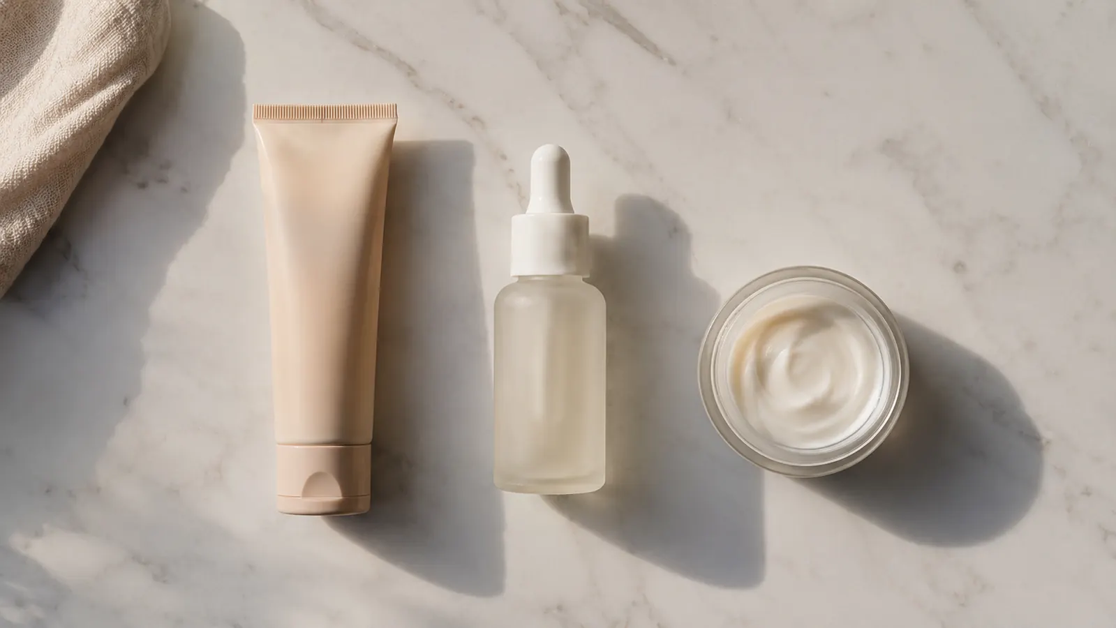 Flat lay of skincare routine products on a marble surface including a niacinamide serum, a plain moisturizer, and a sunscreen