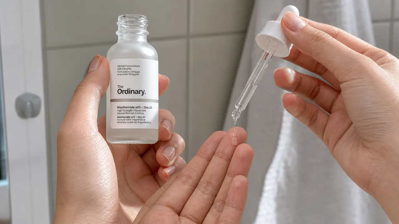 A hand dispensing a few drops of clear serum onto fingertips over a bathroom sink