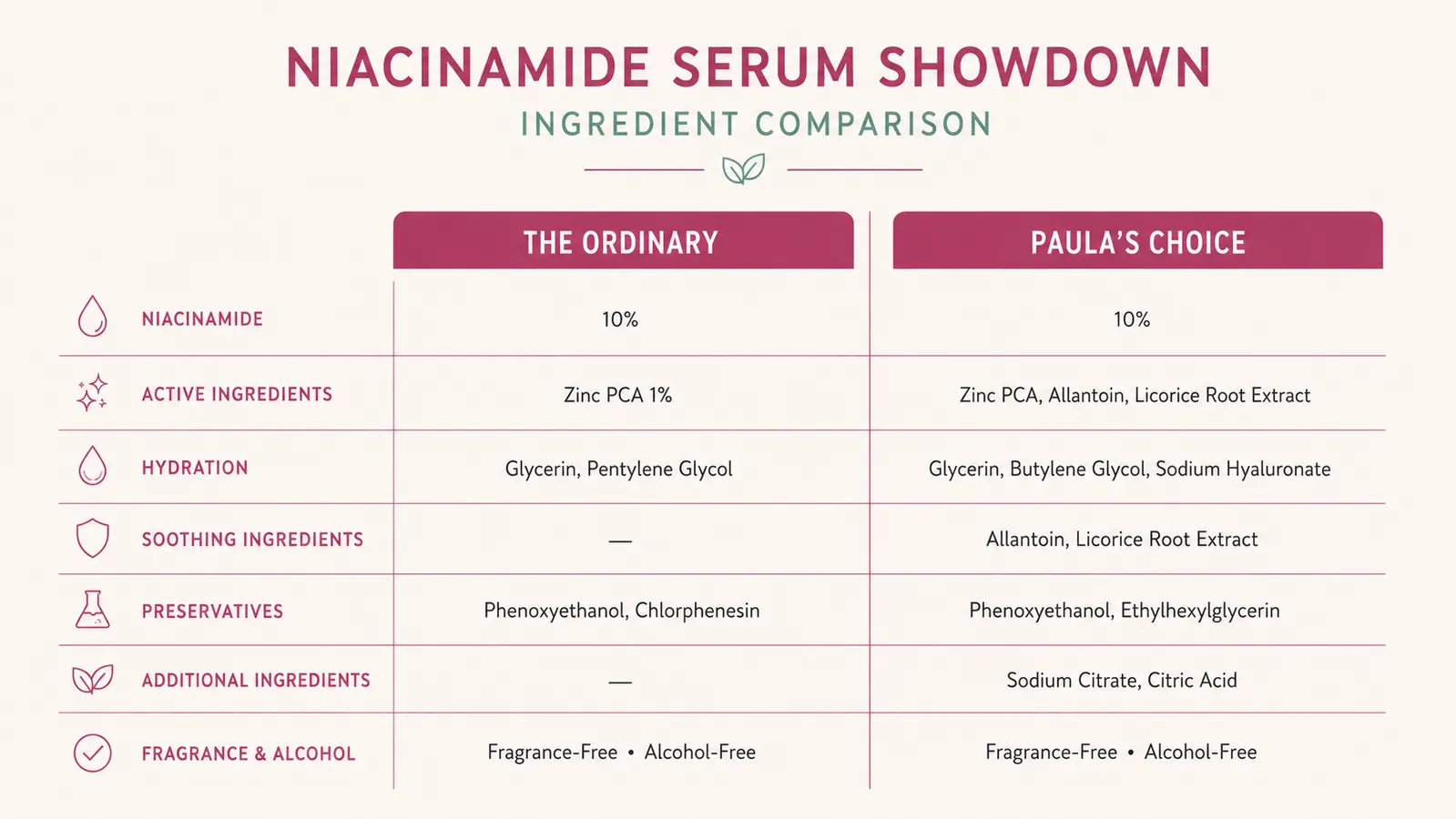 Side-by-side comparison chart of The Ordinary Niacinamide and Paula's Choice 10% Niacinamide Booster showing price, texture, and key ingredients