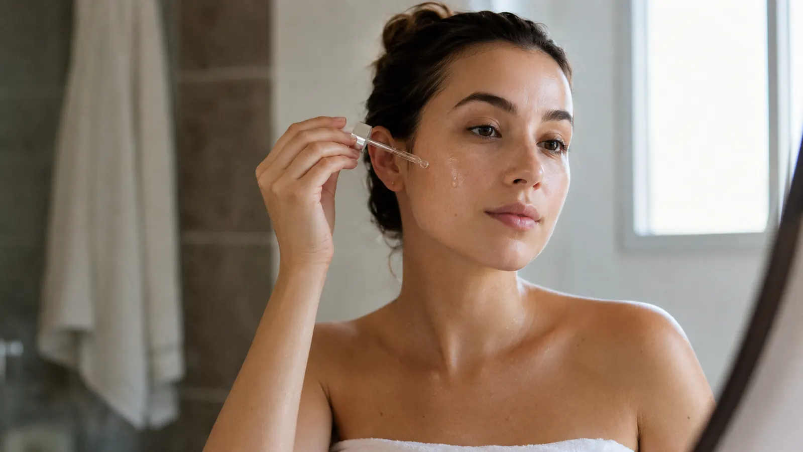 Woman applying a few drops of clear serum to her cheek in front of a bathroom mirror