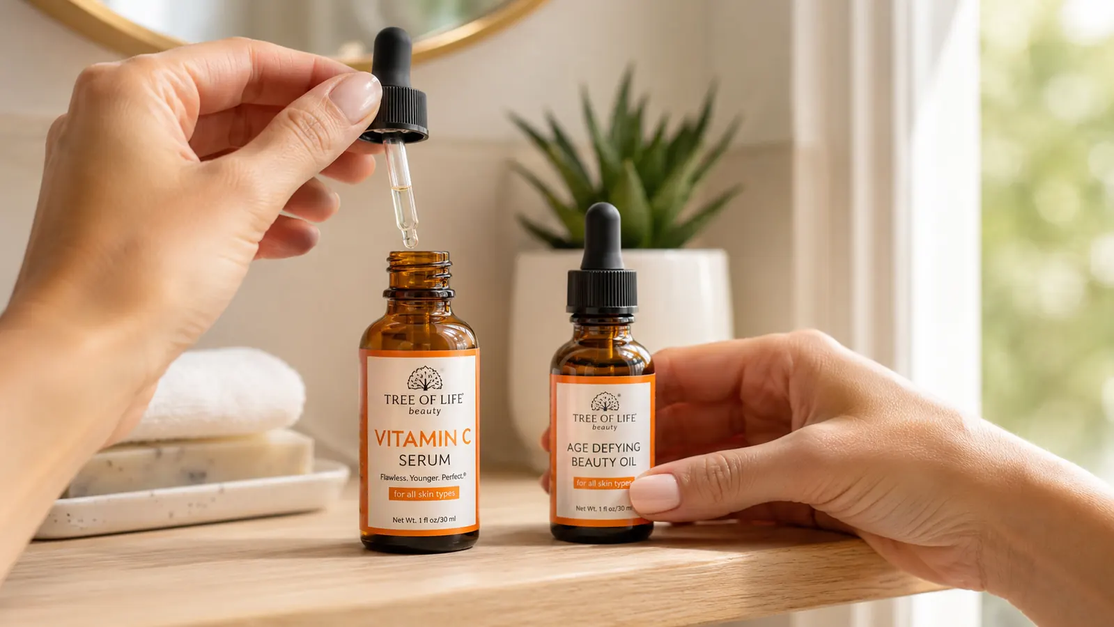 Tree of Life vitamin C serum bottle and face oil bottle arranged together on a bathroom shelf with a succulent in the background