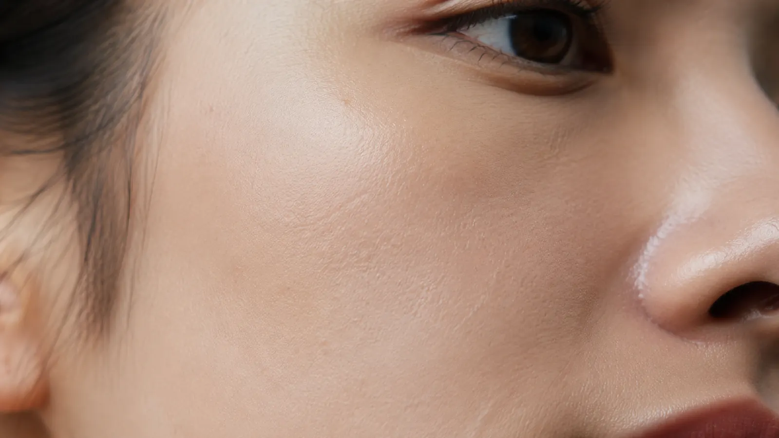 Close-up of skin texture on cheek showing improved tone and reduced dullness after vitamin C serum use