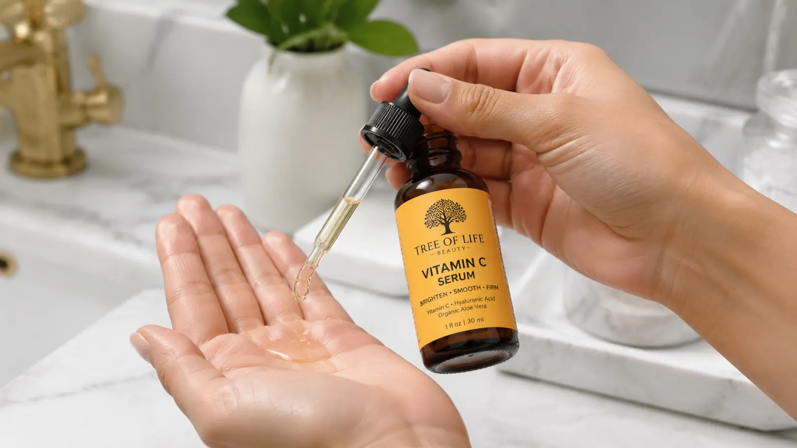 Hand holding the Tree of Life vitamin C serum dropper over a palm, amber-tinted serum visible